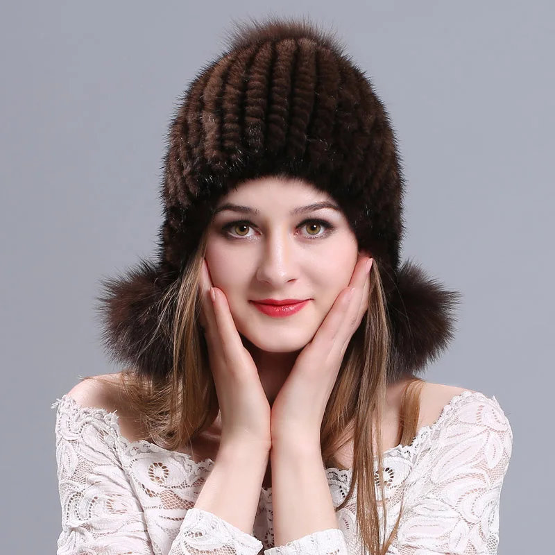 Осень-зима, женская шапка из натурального меха норки, шапка бини, вязаная шапка с ушками, эластичная шапка, толстая шапка для девочек в русском стиле - Цвет: Brown