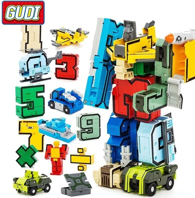 

GUDI 10 15Pcs Creative Assembling Educational Action Figures Transformer Number Robot Deformation Plane Car Kid Toys Finger Cube