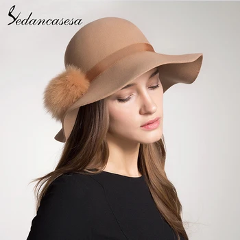 

Sedancasesa Spring Summer Winter Fashion Pompom Wide-Brim Fedoras Hats for Women Bowler Floppy Feminino Sun Cap Ladies Chapeau