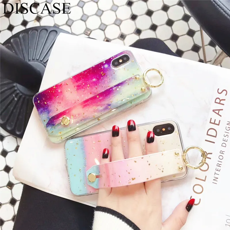 DISCASE Gold Foil Marble Phone Case For iphone XS Max X XR 8 7 6S Plus Cover Fashion Wrist Stand Cases Luxury Candy Color Capa | Мобильные