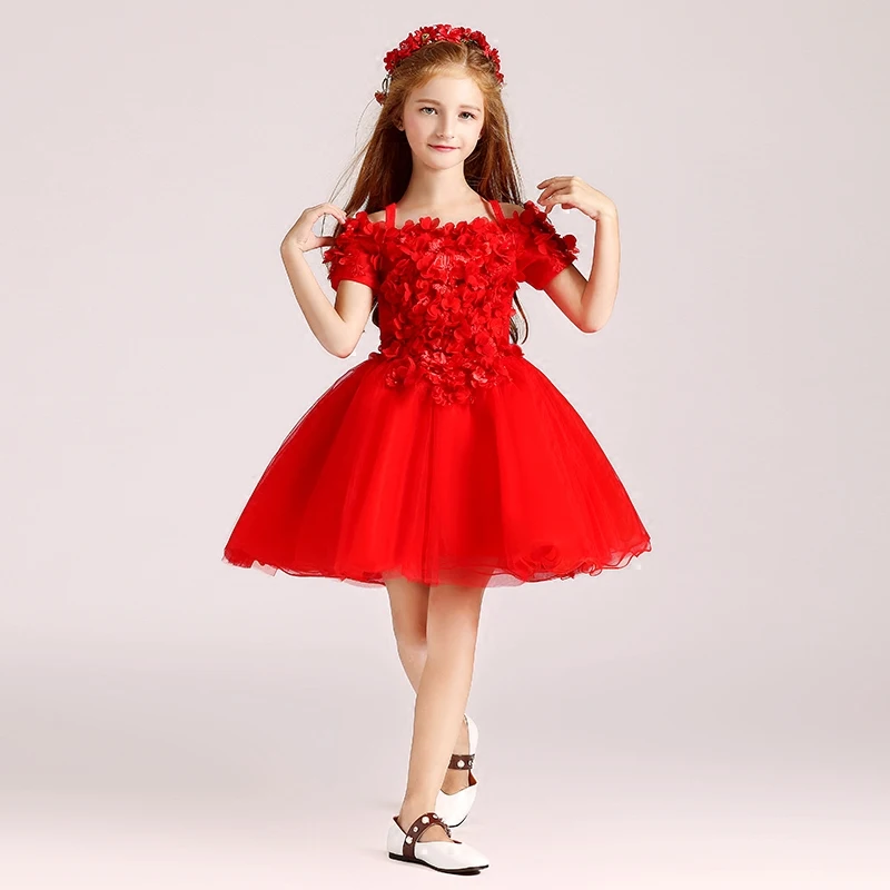 

Luxury Red Princess Flower Dress 2018 Shoulderless Ball Gown Appliques Kids Pageant Dress For Wedding Birthday Dress M31