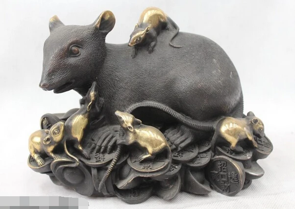 

004204 7"Chinese Fengshui Copper Zodiac Year Lucky Money drawing mouse Statue