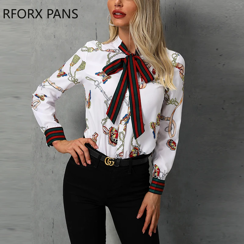 Chain Print Tied Neck Casual Blouse Shirt Women