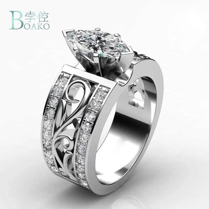 

BOAKO Hollow Silver Color Ring Vintage Rings For Women Cubic Zirconia Wedding Rings Women Engagement Jewelry anillos mujer B40