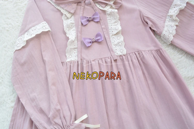 Милое фиолетовое льняное хлопковое мягкое платье для девочек весеннее двухслойное платье с длинными рукавами и большим подолом, цельнокроеное платье с бантами