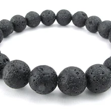 Ювелирный мужской браслет, камень кристалл натуральный шар, 10 мм лава, черный