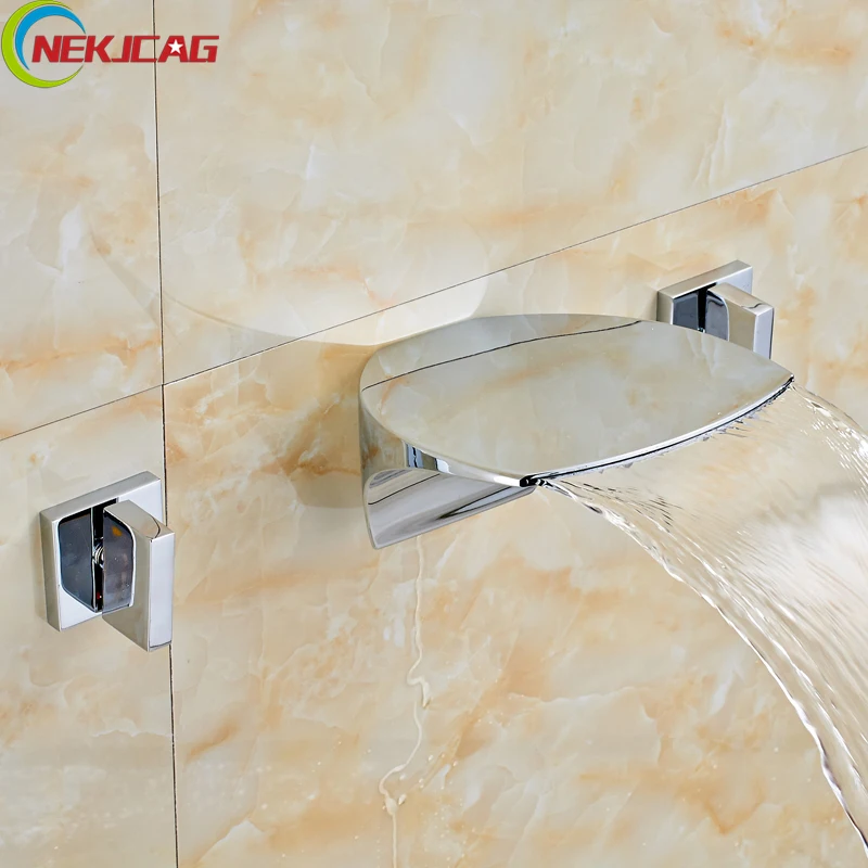Wall Mounted Bathroom Waterfall Basin Sink Faucet Dual Handle Brass