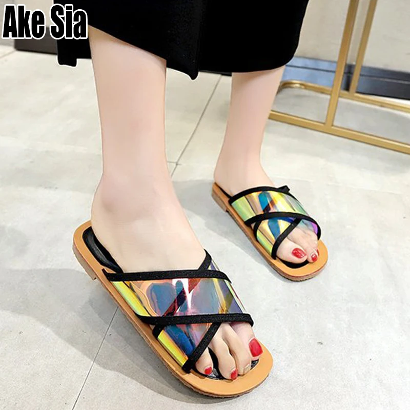

Summer Fashion Lady Women Crossed Hyaline Dazzle Peep-Toe Casual Flat Scuff Stuffies Beach Slides Flat Mules Slippers Shoes A622