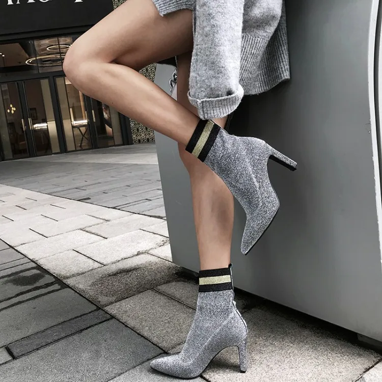 

MLJUESE 2020 women ankle boots Velvet silver color pointed toe autumn spring Hoof heels high heels boots women socks boots