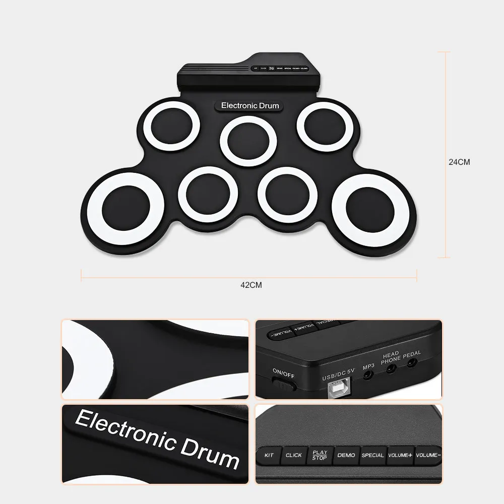 Набор силиконовых барабанов цифровой электронный рулонный барабан комплект компактный размер USB 7 барабанные колодки с барабанчиками ножные педали для начинающих