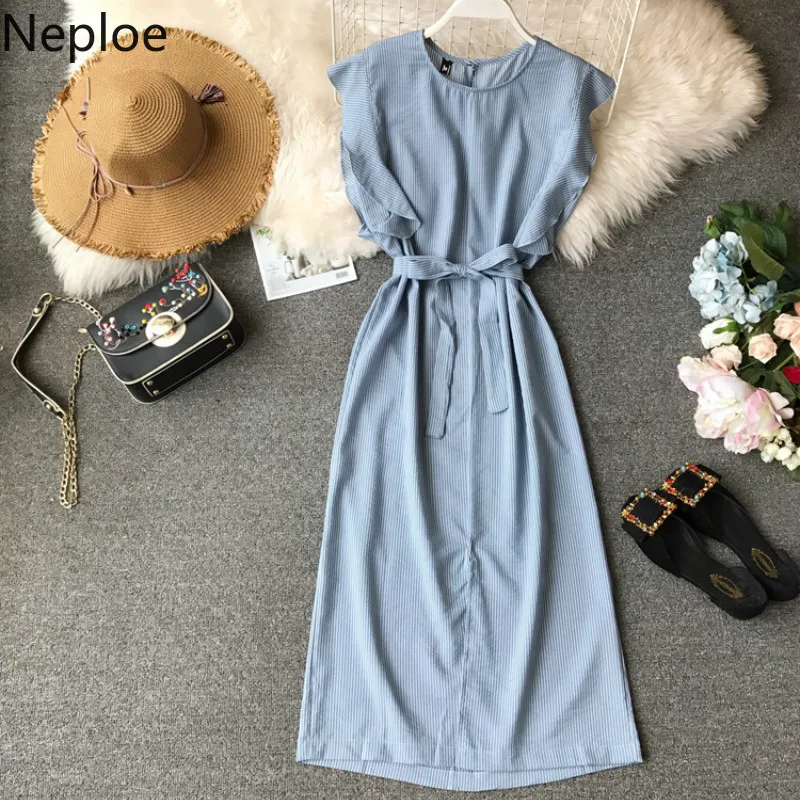 Neploe Korean Summer Irregular Slim Fit Girls Dresses Solid Lace Up Empire Vestidos Elegant Temperament Party cotton Dress 45598