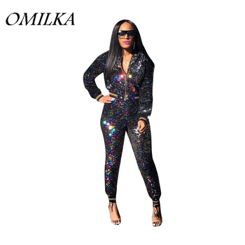 

OMILKA Two Piece Sequin Jacket and Long Pant Set 2018 Autumn Women Long Sleeve Zipper Shiny Bling Club Party Tracksuits Set