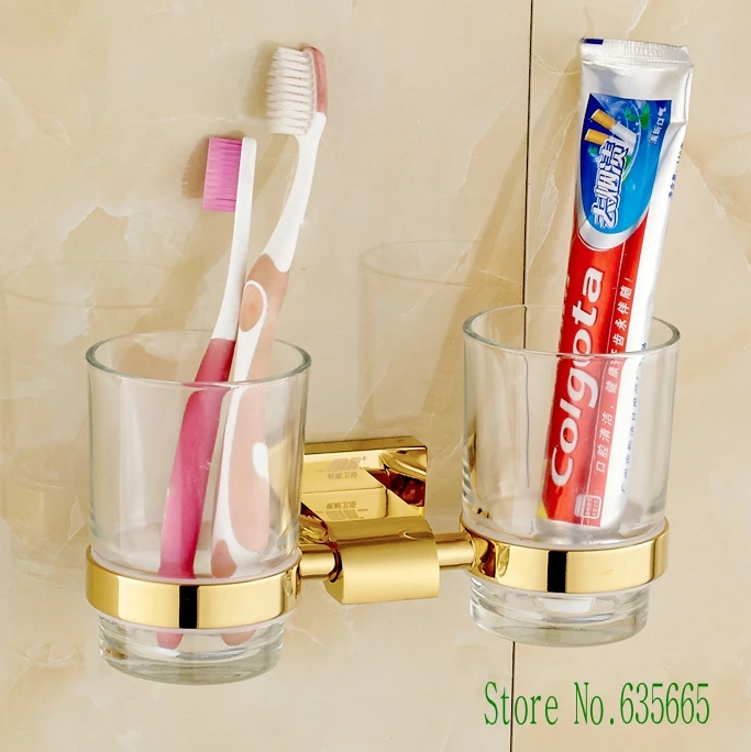 European Antique Gold Brass Bathroom Double Toothbrush Cup Glass