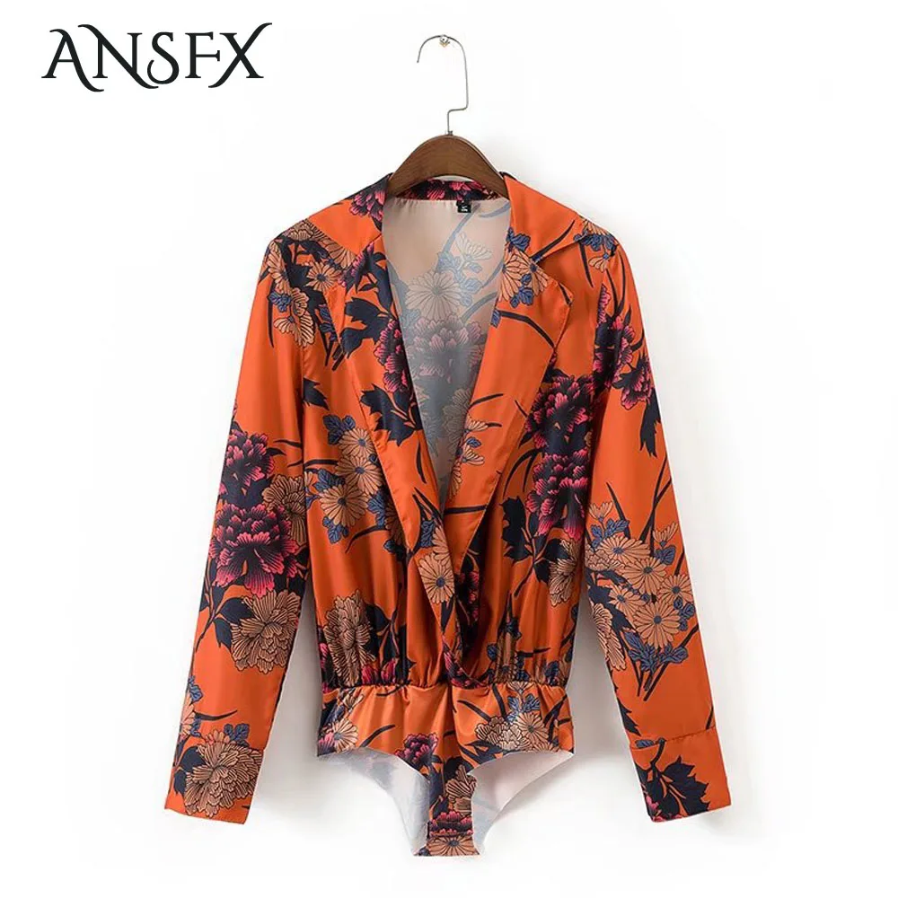 

ANSFX Sexy Women Bloom Folral Print Turn-down Collar Fit Romper Body Siamese Bodysuits Jumpsuit Fashion Long Sleeve Casual New