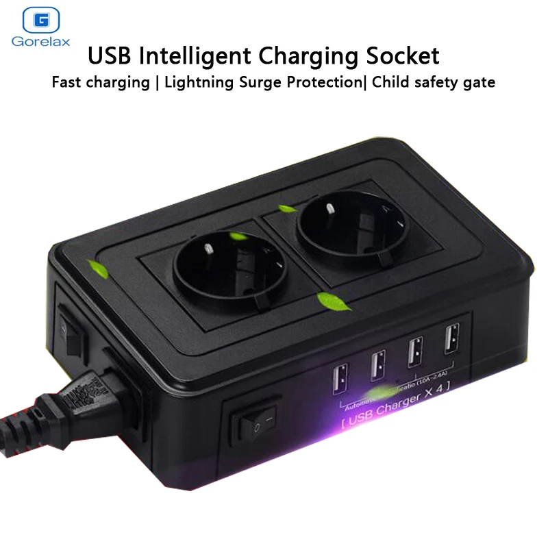 

Portable Smart Power Plug Socket Outlet 4 USB Adapter Charger Dock 5V 2.4A Surge Protector 1.2m Extension Cord for Phone Tablet