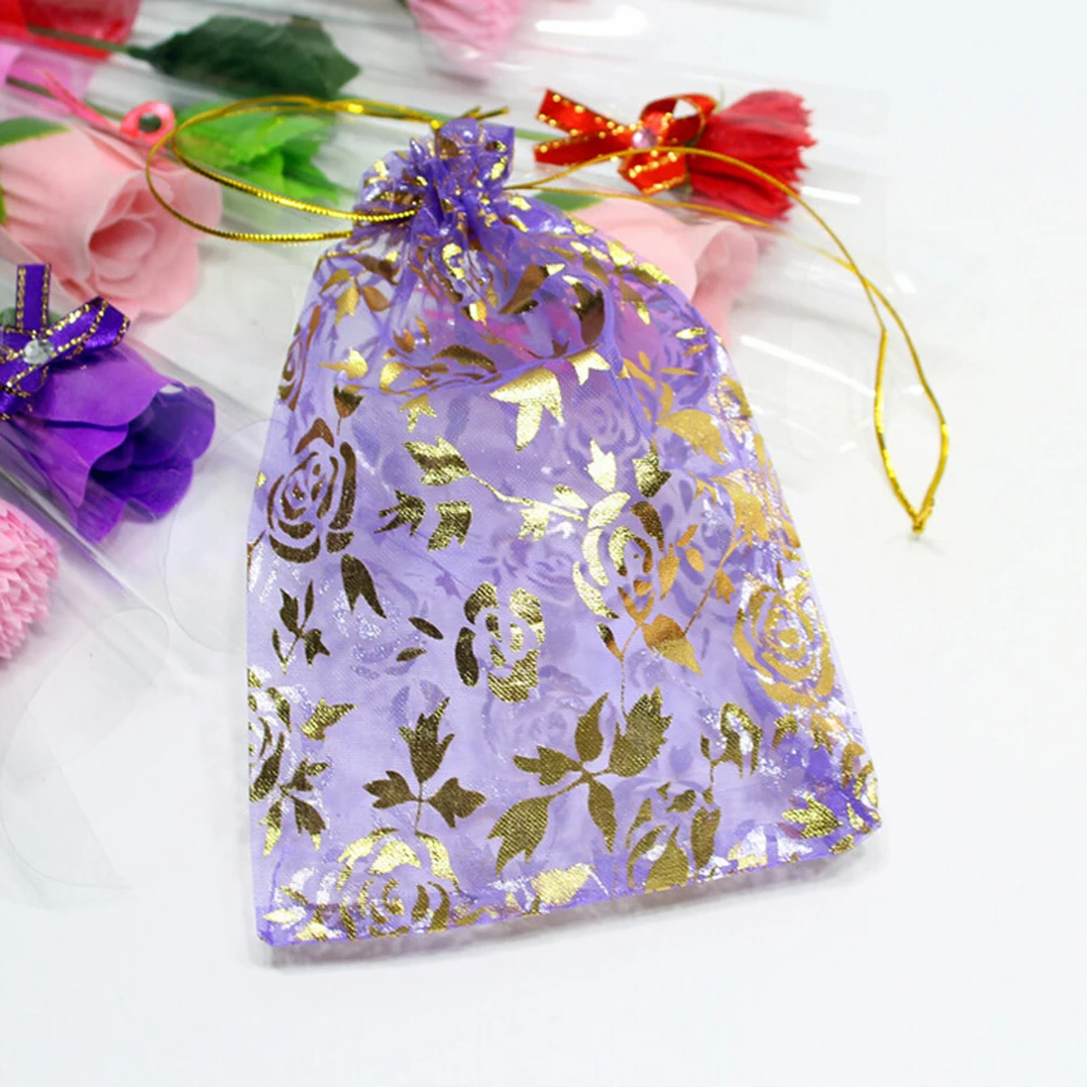 10Pcs Promotion Birthday Decorations Kids Supplies Random Mixed Gold Drawable Organza Gift Bags & Pouches 13x18cm