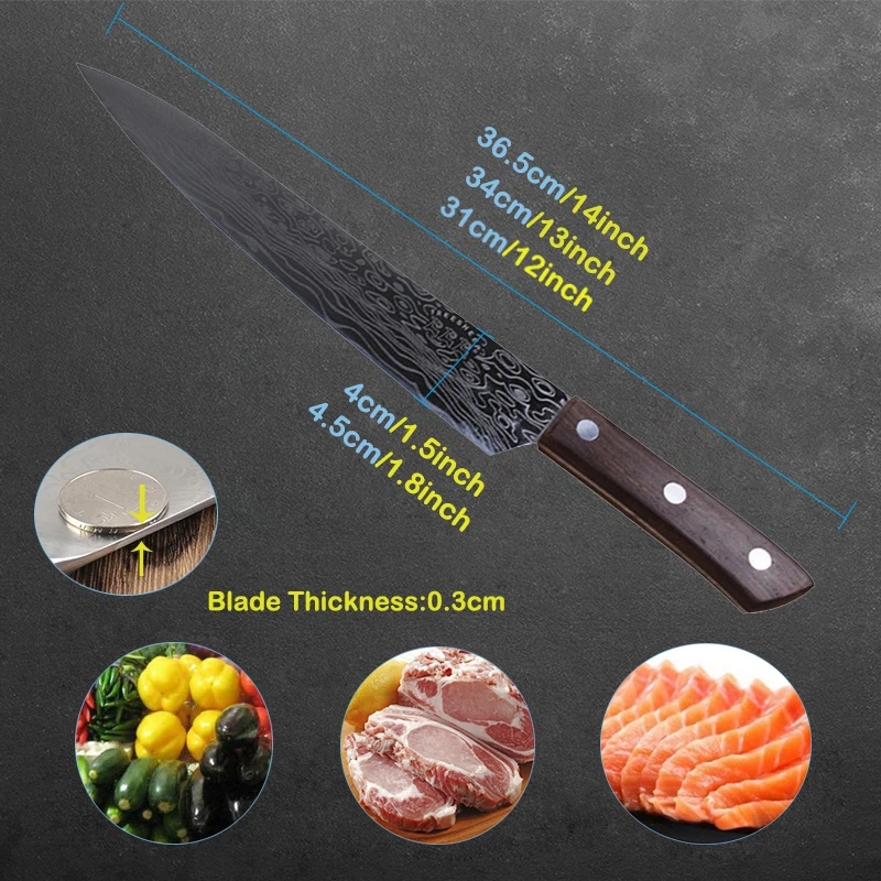 FHEAL кухонный нож поварские ножи 8 9 10 дюймов 3Cr13 высокоуглеродистая Нержавеющая сталь имитация Дамасского овощей нож сантоку