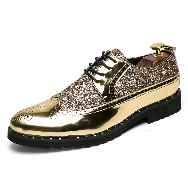 mens fashion shoes luxury brand rhinestones italian patent leather shiny wedding ballroom cool gold brogue oxford shoes for men