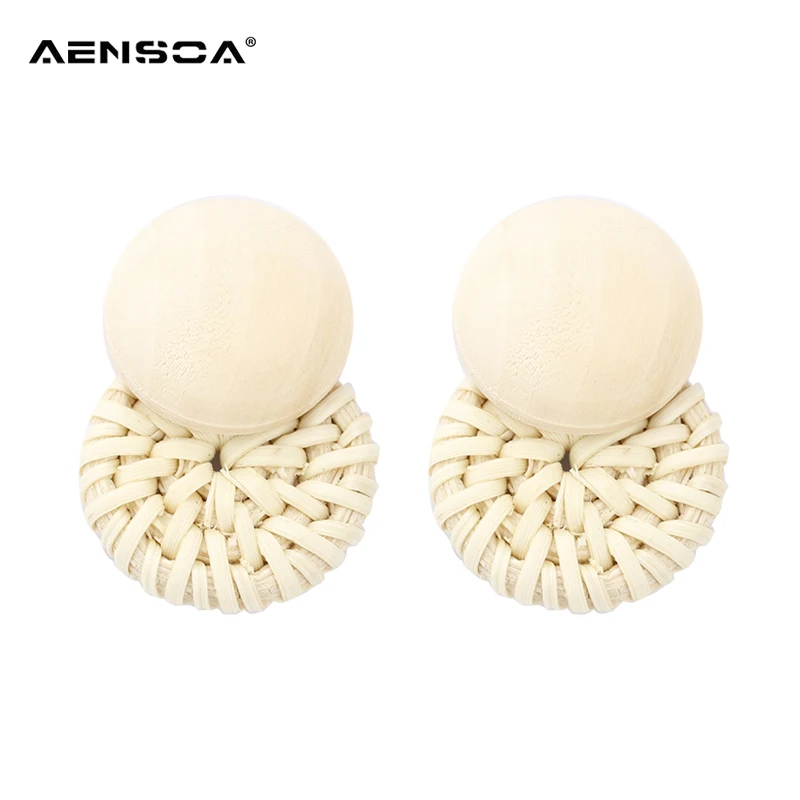

AENSOA 2018 New Korea Handmade Wooden Earrings Straw Weave Rattan Vine Braid Geometric Big Round Long Drop Earrings For Women
