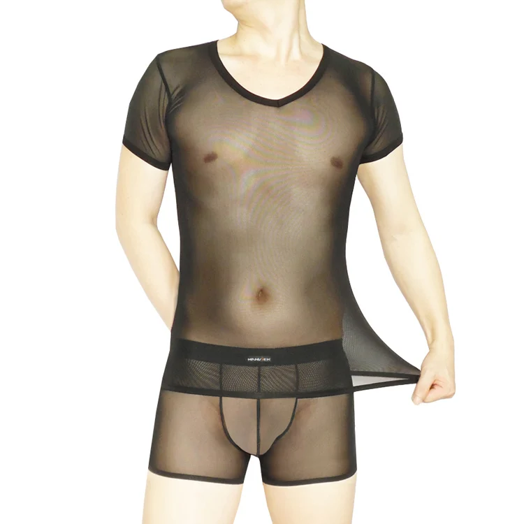 Manview Мужской Прозрачный пижамы ультра-тонкий Марли футболка с коротким рукавом тело Корректирующее белье Топ v-образным вырезом straitest