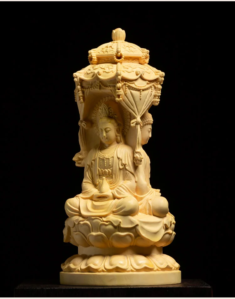 Три стороны Amitabha, Guanyin, Bodhisattva Buxus резьба по дереву Западная thress Gods деревянная домашняя статуя Будды твердые деревянные украшения