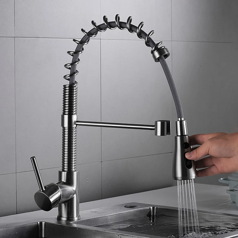 Chrome Pull Out Kitchen Faucets Single Handle Brushed Brass Kitchen Sink Mixer Faucets Hot Cold Water torneira cozinha ZR714