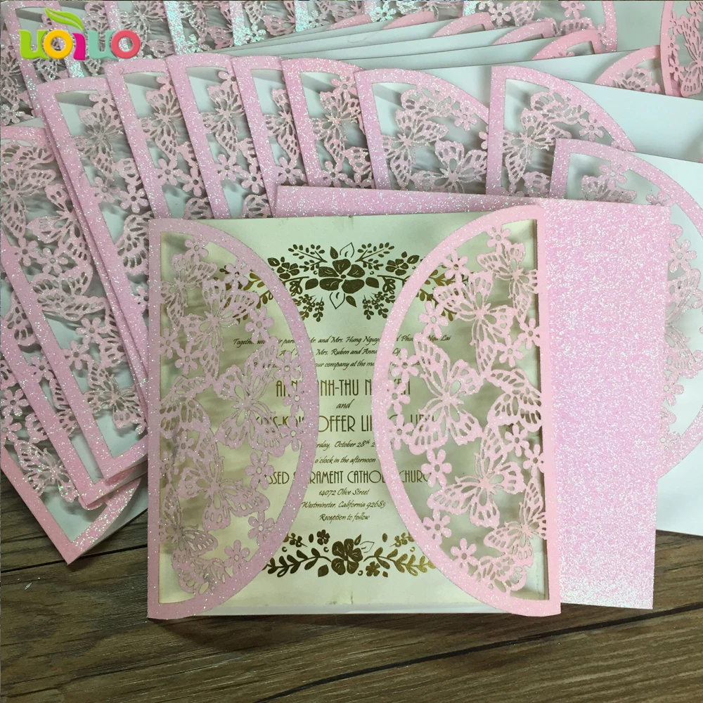 

free shipping 50set inc28 butterfly Wedding Invitation Card Hollow Laser Cut Wedding Party Guest Invitation Card glitter pink
