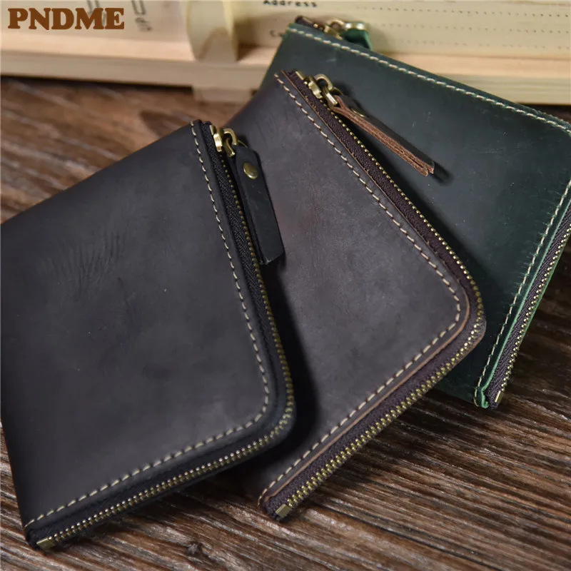 

PNDME vintage handmade cowhide leather wallet genuine leather men's women's zipper small coin purses card ID holders card case