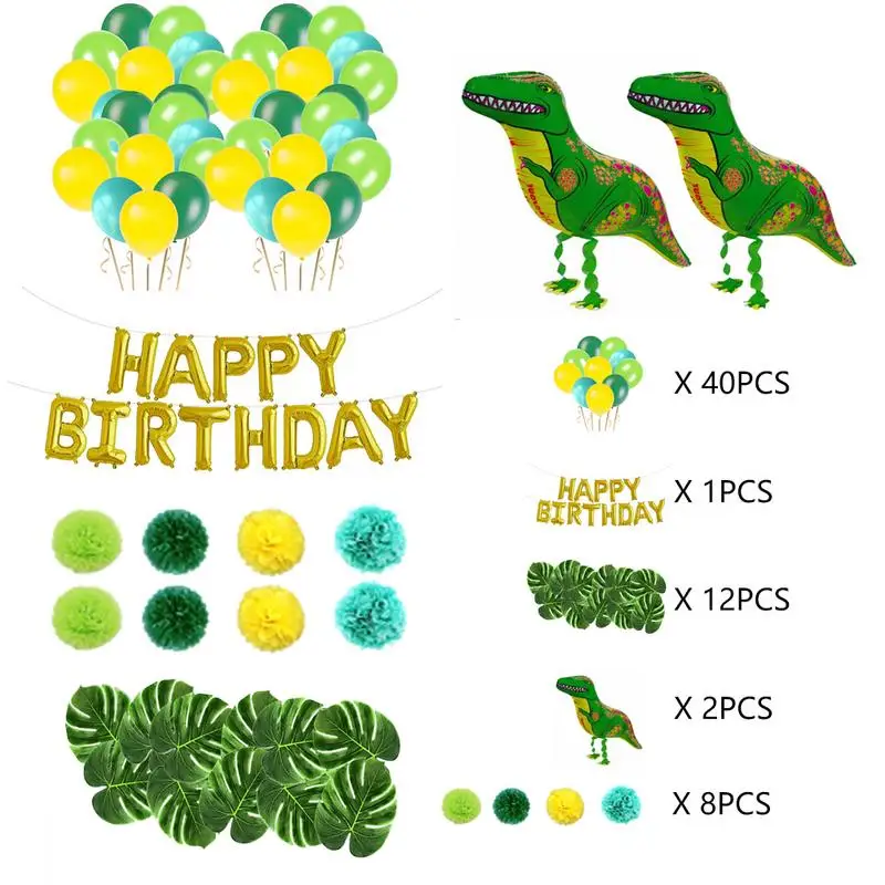 

55/63pcs Dinosaur Theme Party Birthday Letter Flag Turtle Back Leaf Dinosaur Balloon Paper Flower Ball Happy Birthday Balloons