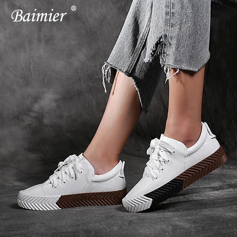 Baimier/белые женские кроссовки из натуральной кожи; неглубокие кружевные женские туфли на плоской платформе; коллекция года; модные женские туфли на плоской подошве с круглым носком