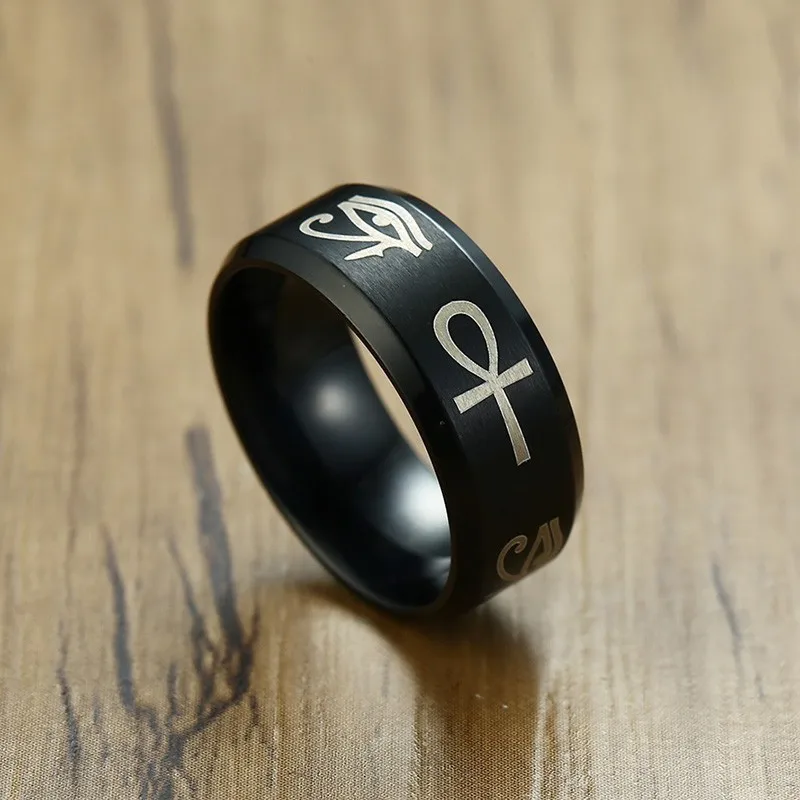 Египетский Глаз Хоруса Ankh крест кольца для мужчин женщин черный 8 мм нержавеющая сталь молитва мужской Анель ювелирные изделия