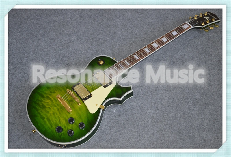 

New Arrival China OEM Green Quilted Finish Suneye LP Custom Style Electric Guitars With Cream Pickguard & Block Pearl Inlaid