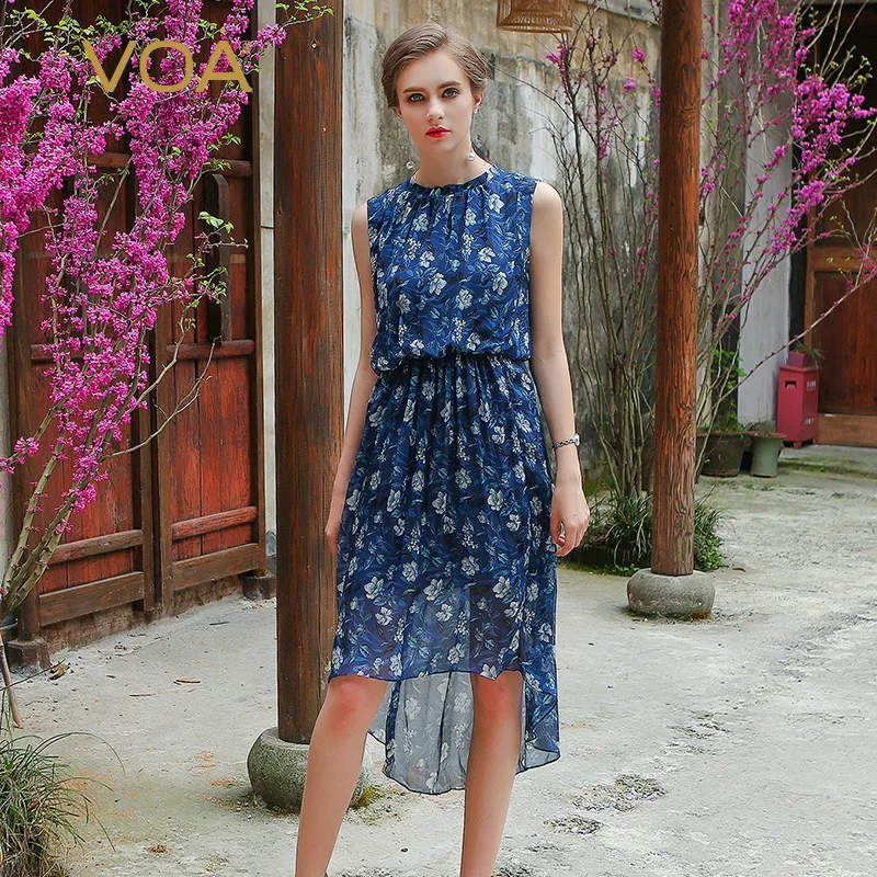 

VOA Summer Silk Floral Printing Women Slim Dresses 2017 Fashion Female Sleeveless Sexy Casual Irregular Thin Boho Dresses A0210