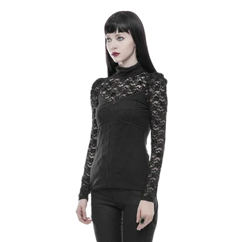 

Steampunk Gothic Black Sexy Lace Femal Knitted Vest Tops Fashion Spring High Collar Long Sleeve Bodycon Slim Women T-Shirts