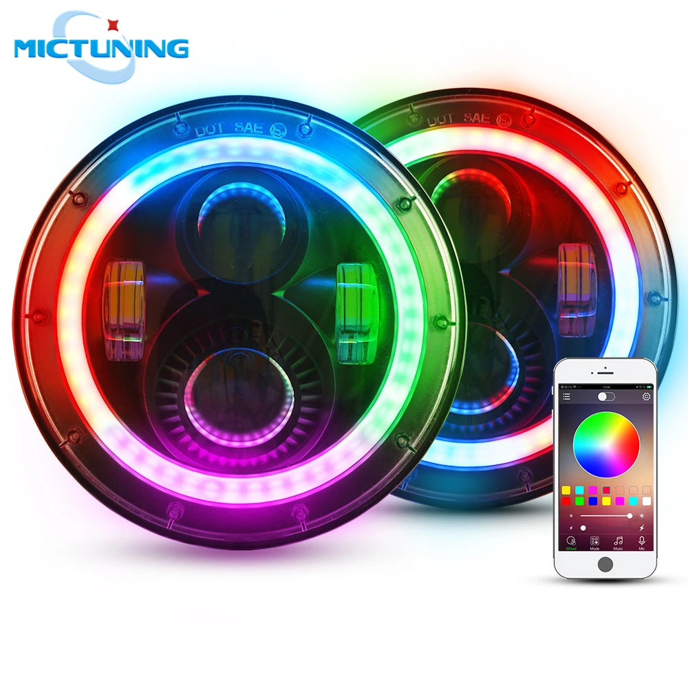 Limited Offer for  MICTUNING 7'' Round 80W Colorful Headlights RGB Chasing Rotating Halo LED Headlamps with DRL Hi/Lo 