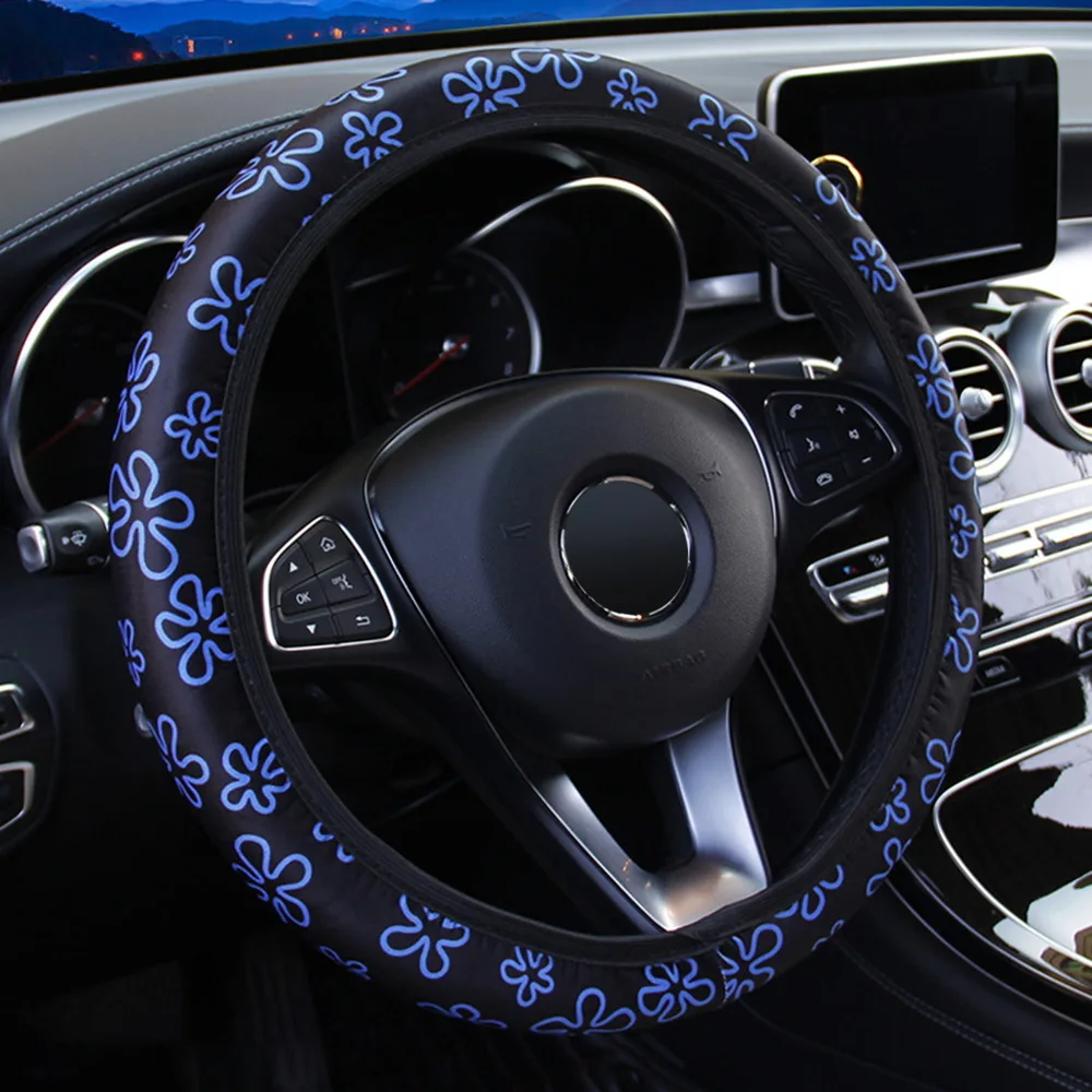 Blue Flowers FORAUTO чехол рулевого колеса автомобиля с цветочным принтом Противоскользящий автомобильный Стайлинг эластичный 38 см рулевые Чехлы универсальные аксессуары для интерьера - Название цвета: Blue Flowers
