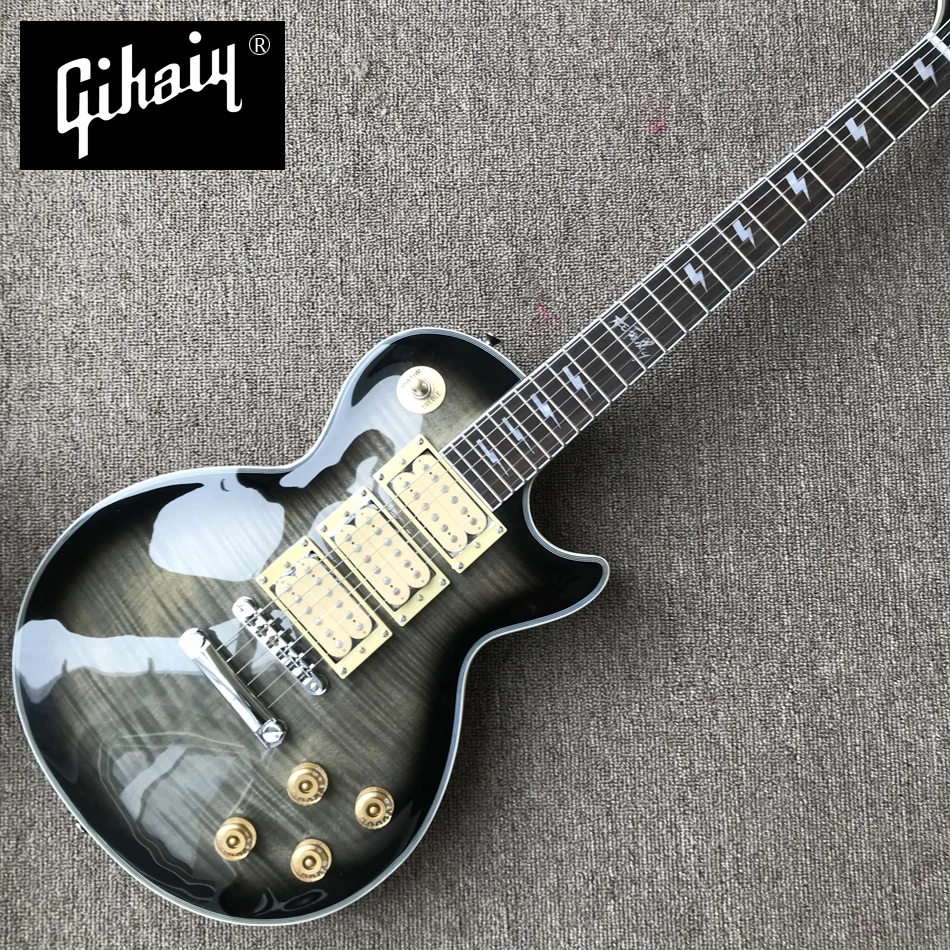 

NEW High quality hand-made electric guitar, Transparent Black Flame Maple Top electric guitar with 3 pickups, free shipping