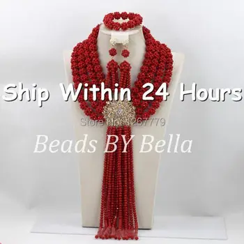 

Luxury Solid Red Crystal Beads Necklace Set African Beads Jewelry Set Fashion Wedding Bridal Jewelry Set Free Shipping ABC644