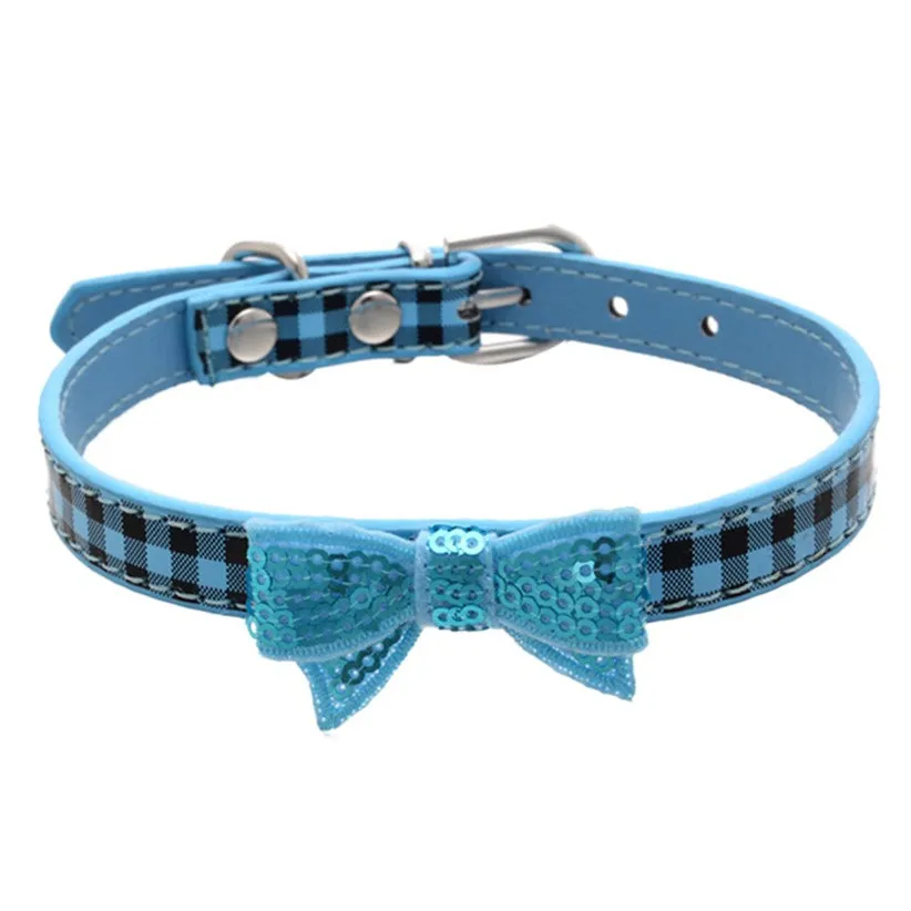 Transer Pet Dog Supplies Cute PU Leather Plaid Pets Dog Collar with Sequins Bowknot For Small Dogs 80124