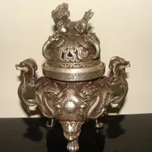 Редкие отличительные древние династии Мин серебро курильница/ладан, резной дракон, с отметкой