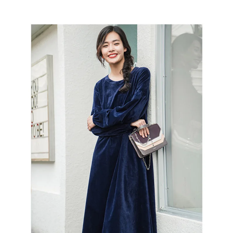 INMAN весна осень сезон Ретро стиль свободный стиль длинный рукав женское платье - Цвет: Royal Blue