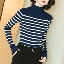 Striped high turtleneck elastic knit slim pullovers sweater 2018 new women autumn long sleeve sweater