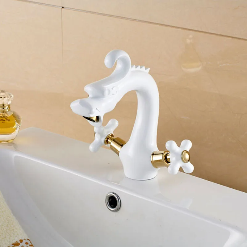 

Dual Handles White Dragon Style Bathroom Vessel Sink Faucet Dual Cross Handles Basin Mixer Taps