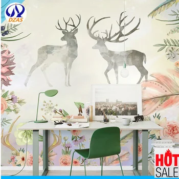 

2018 Nordic modern hand-painted oil painting deer pastoral flower TV sofa bedroom background AS-CX wall painting mural