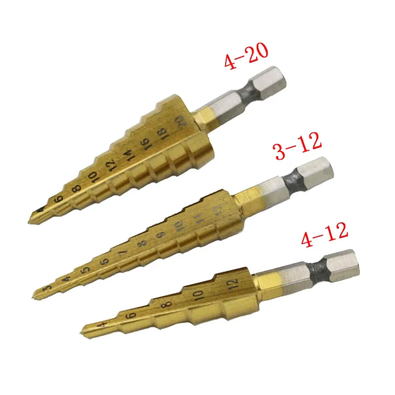 

3 Pcs HSS Titanium Coated Step Drill Bit 3-12mm 4-12mm 4-20mm High Speed Steel Wood Metal Drilling Tools JA55