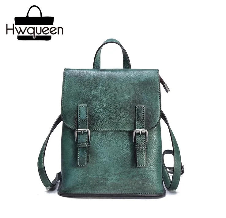 

Vintage Casual Designer Genuine Cow Leather Hand Painted Girls Female Travel Backpack Blackish Green Women's Small Back Pack