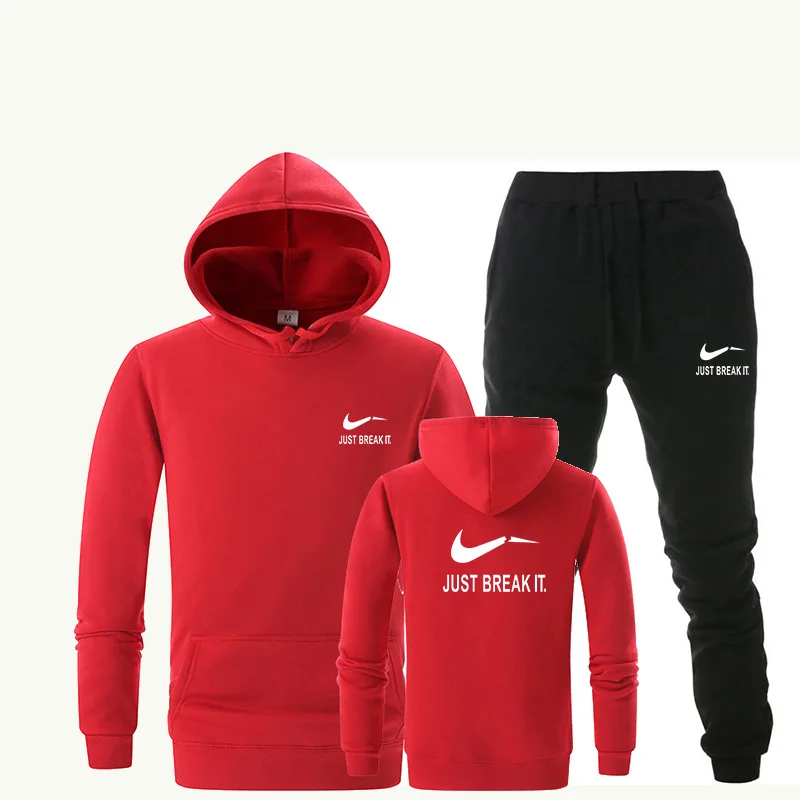 2018 Tracksuit men Brand print Sportswear suit winter Keep warm Fleece pants+Hoodies track suit black white chandal hombre