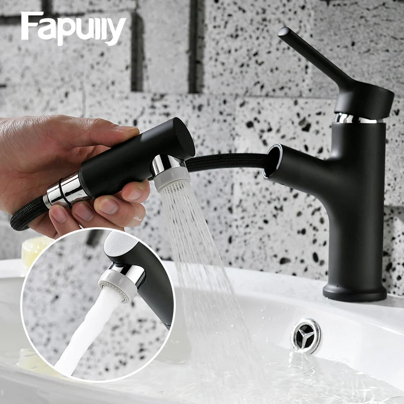 

Fapully Black Chrome Basin Faucet Bathroom Pull Out Tap Shower Spray Hot Cold Water Bathroom Faucet Single Handle Mixer Tap 1061
