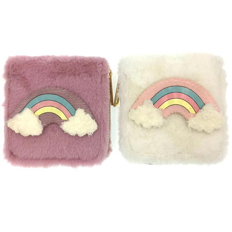 

New Korean version of the plush rainbow patch children's bag PU short small wallet student card package clutch bag