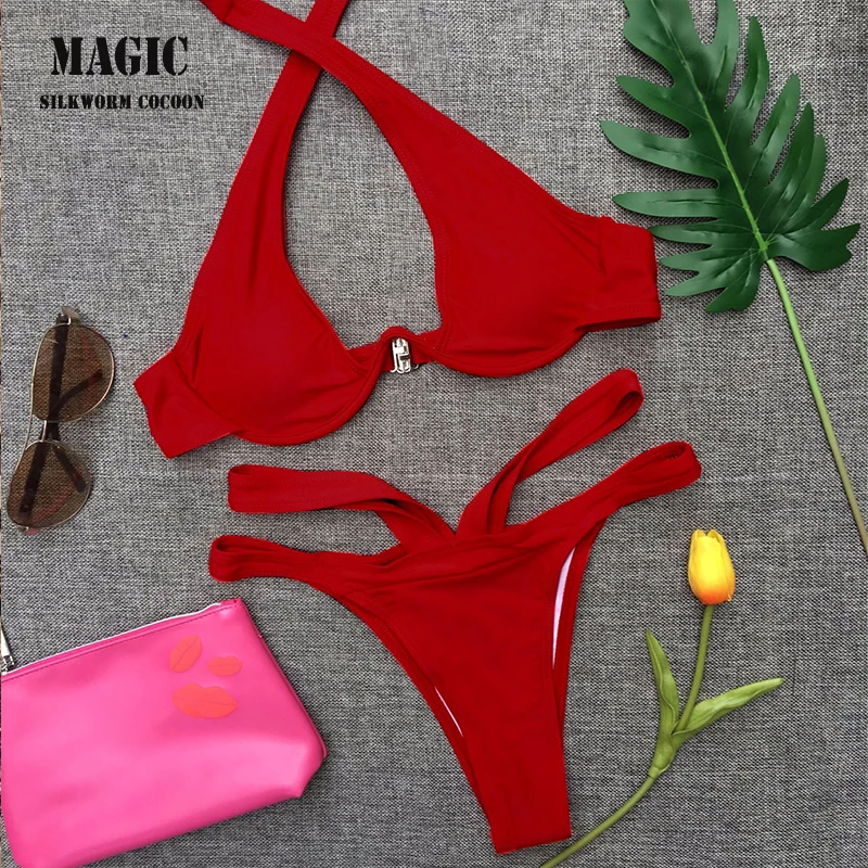 

Solid two-piece swimsuit chest sexy cross strap bikini set women Steel ring push up swimwear female sexy bathing suit beachwear